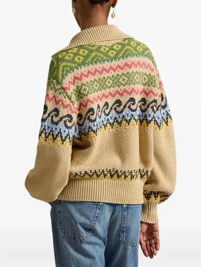 Polo Ralph Lauren Cotton Wool Blend Long Sleeve Tie Pullover Tan Multi In Neutral