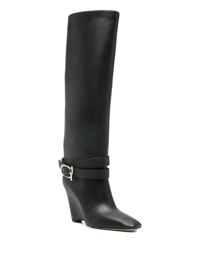 Ferragamo Knee High Boot With Wedge Heel In Black
