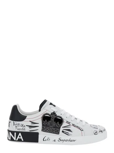Dolce & Gabbana White Low Top Sneakers With Logo Patch On The Tongue And All-over Print In Leather Man In Multi