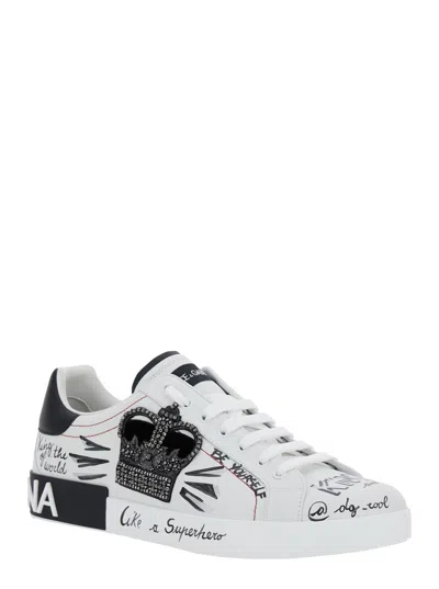 Dolce & Gabbana White Low Top Sneakers With Logo Patch On The Tongue And All-over Print In Leather Man In Multi