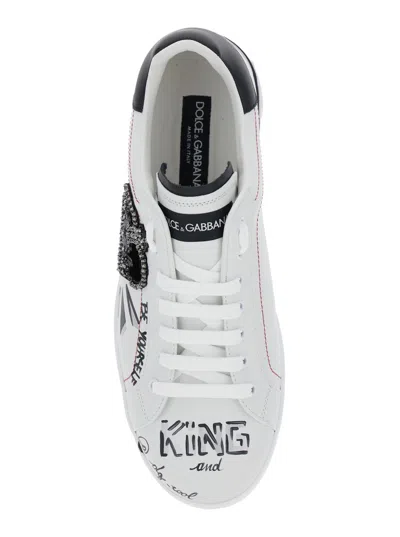 Dolce & Gabbana White Low Top Sneakers With Logo Patch On The Tongue And All-over Print In Leather Man In Multi