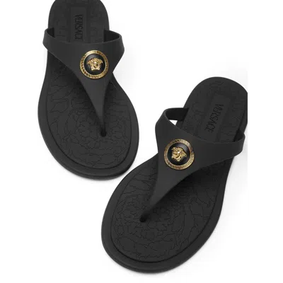 Versace Flat Sole Open Toe Sandals With Medusa Motif In Black