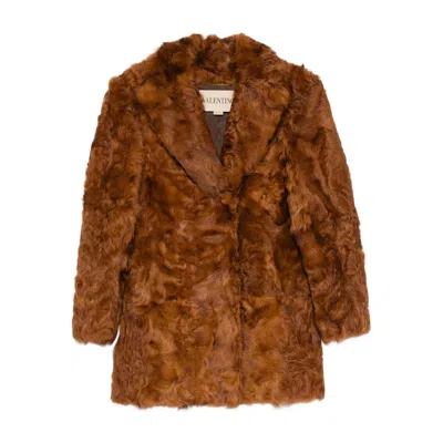 Valentino Genuine Curly Shearling Coat In Brown