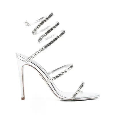 René Caovilla Metallic Leather Strass Snake Ankle Wrap Sandals In Metallic