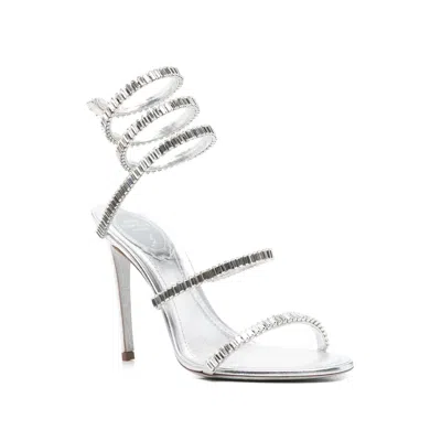 René Caovilla Metallic Leather Strass Snake Ankle Wrap Sandals In Metallic