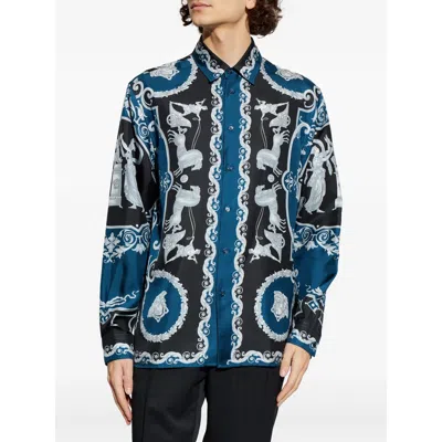 Versace Silk Shirt With Printed Design And Button-down Collar In Blue