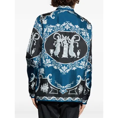 Versace Silk Shirt With Printed Design And Button-down Collar In Blue