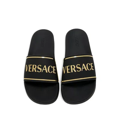 Versace Black Sandals With Logo Printed On The Front In Black