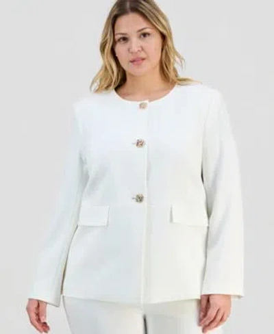 Kasper Plus Size Stretch Crepe Button Front Jacket Straight Leg Pants In White