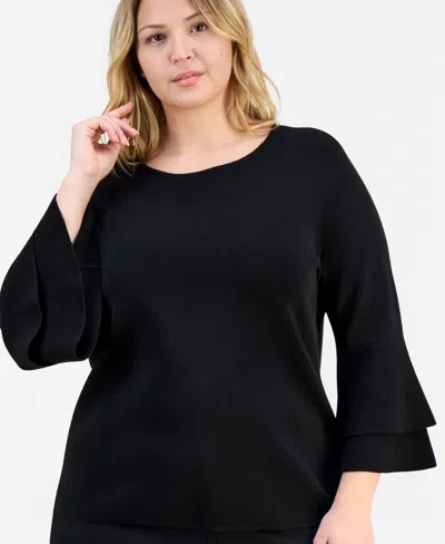Kasper Plus Size Boat-neck Flare-cuffs Sweater In Black