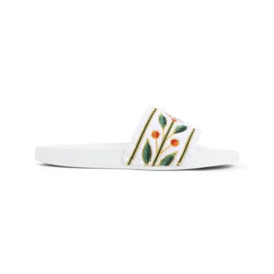 Casablanca Terry Slider Sandals Embroidered Strap Flat In White