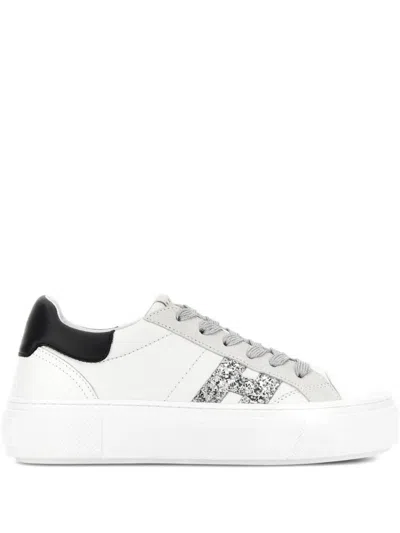 Hogan Crosswind Nappa Leather And Suede Sneakers With Glitter H Detail In White