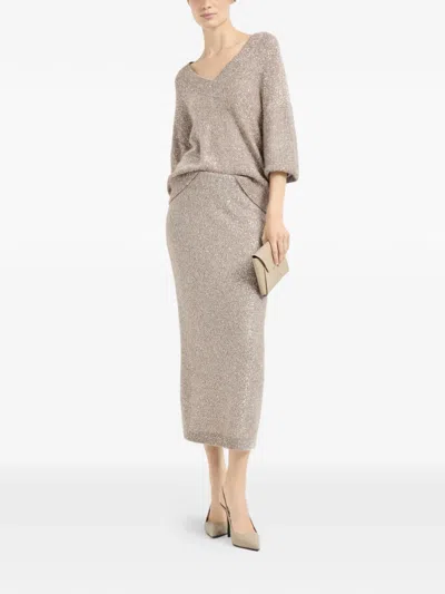 Brunello Cucinelli Elastic-waistband Midi Skirt In Neutral