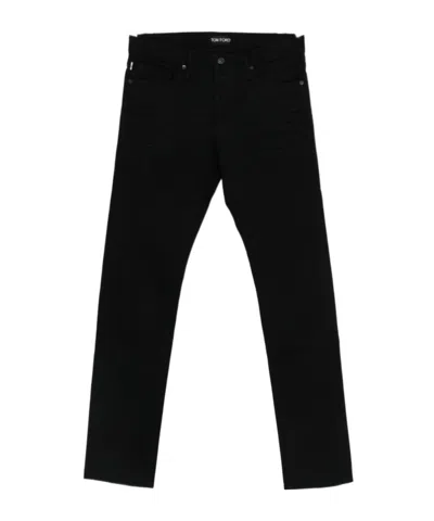 Tom Ford Selvedge Denim Straight Fit Jeans Logo Patch In Black