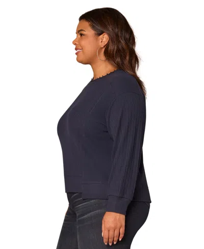 Democracy Plus Size Long Sleeve Crewneck Mixed Media Top In Blue