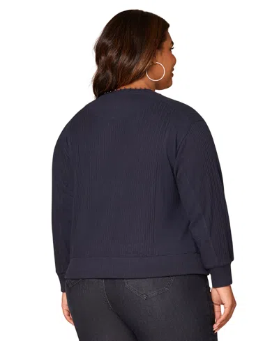 Democracy Plus Size Long Sleeve Crewneck Mixed Media Top In Blue