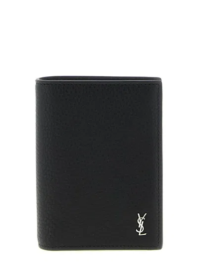 Saint Laurent Mini Cassandre Card Holder In Gray