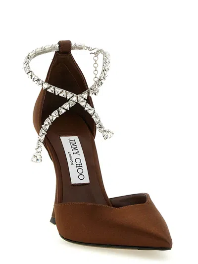 Jimmy Choo Stevie Pumps Ankle Strap Embellished Satin Pointed In Brown