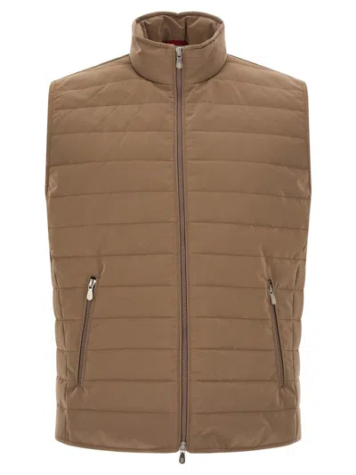 Brunello Cucinelli High Collar Quilted Vest Side Zipper Pockets In Brown