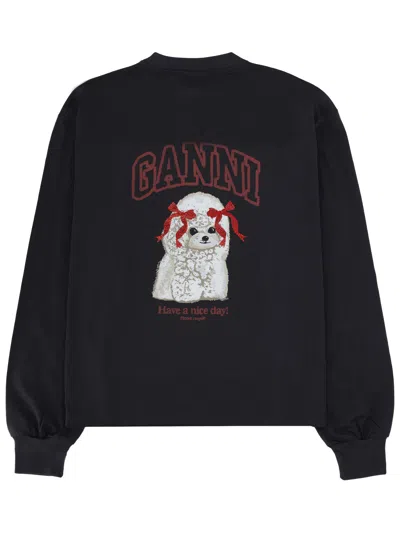 Ganni Organic Cotton Crew Neck Graphic Sweater In Black