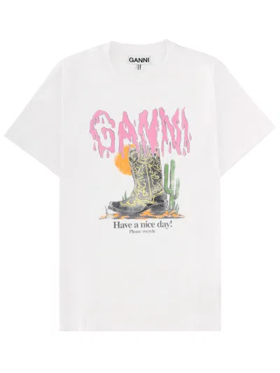 Ganni Graphic Print Relaxed Fit Short Sleeve Top In White