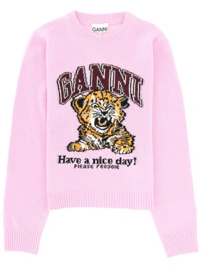 Ganni Graphic Print Long Sleeve Crew Neck Sweater In Pink