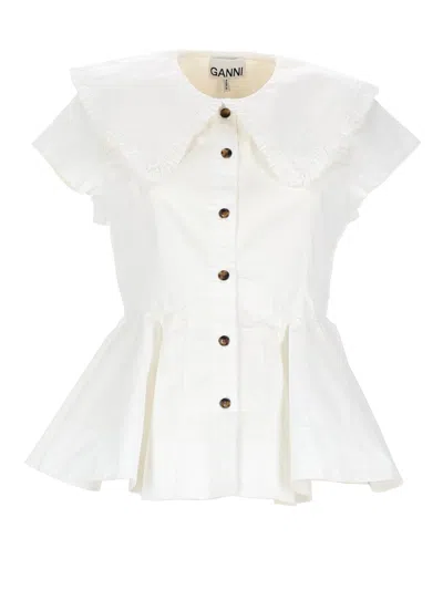 Ganni Peplum Top Short Sleeves Ruffled Collar In Neutral