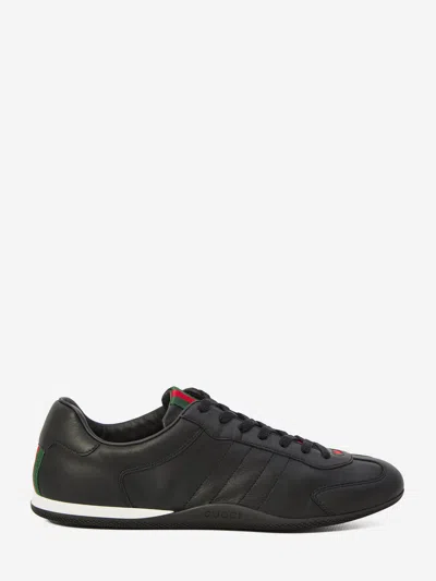 Gucci Men Black Low Top Sneakers With Web Tongue In Leather Man In Black