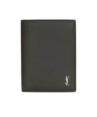 Saint Laurent Tiny Cassandre Credit Card Wallet In Grained Leather In Brown
