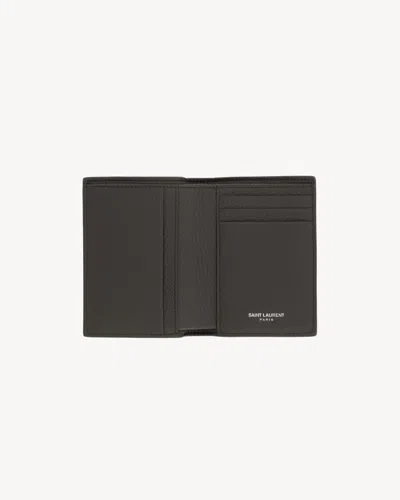Saint Laurent Tiny Cassandre Credit Card Wallet In Grained Leather In Brown