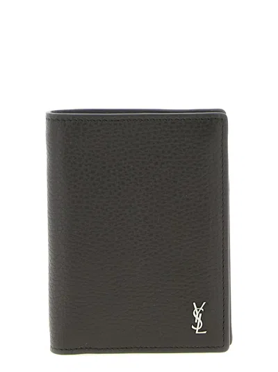 Saint Laurent Tiny Cassandre Credit Card Wallet In Grained Leather In Brown