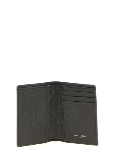 Saint Laurent Tiny Cassandre Credit Card Wallet In Grained Leather In Brown