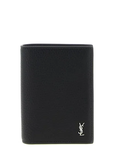 Saint Laurent Mini Cassandre Card Holder In Gray