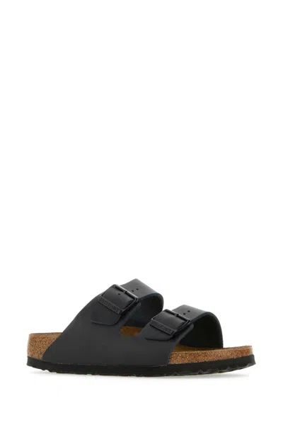 Birkenstock Arizona Bs Leather Slides With Buckle In Black