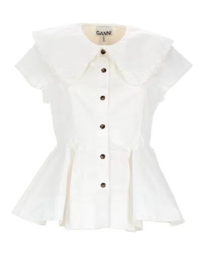 Ganni Peplum Top Short Sleeves Ruffled Collar In White