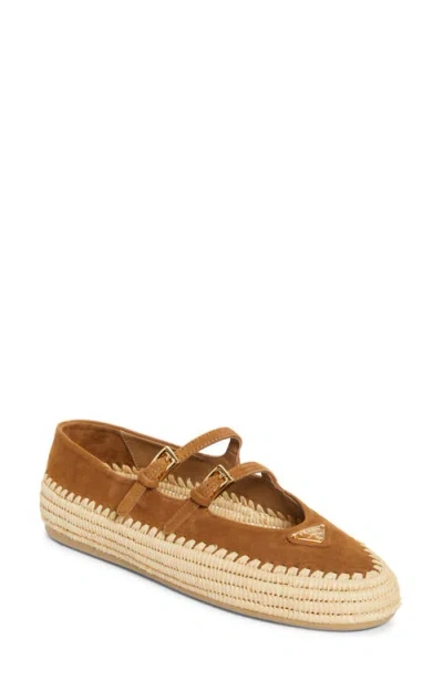 Prada Suede Double Mary Jane Strap Espadrilles In Brown