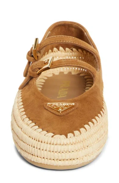 Prada Suede Double Mary Jane Strap Espadrilles In Brown