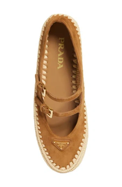 Prada Suede Double Mary Jane Strap Espadrilles In Brown