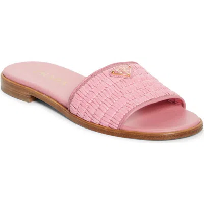 Prada Triangle Logo Raffia Flat Slide Sandals In Pink