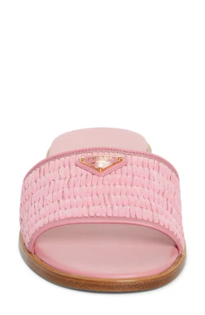 Prada Triangle Logo Raffia Flat Slide Sandals In Pink