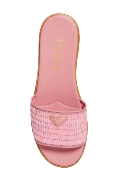 Prada Triangle Logo Raffia Flat Slide Sandals In Pink