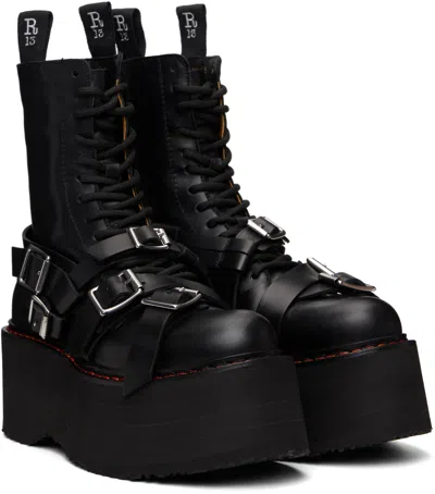 R13 Black Strapped Double Stack Boots In Black