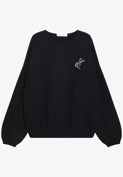 Essentials Black Holiday Embroidered Merino Crewneck Sweater In Black