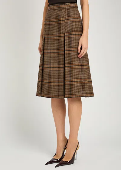 Saint Laurent Houndstooth Inverted-pleat Wool Midi Skirt In Brown