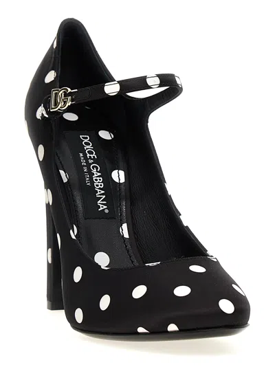 Dolce & Gabbana Sharon 105 Polka Dot Mary-jane Satin Pumps In Polka Dots Black Background