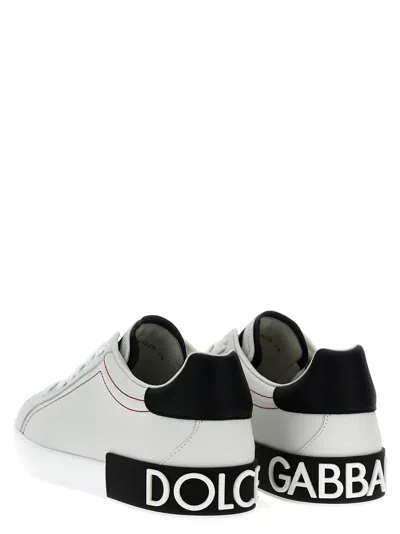 Dolce & Gabbana Portofino White Low Top Sneakers With Patch Logo And Red Stitching In Smooth Leather Man