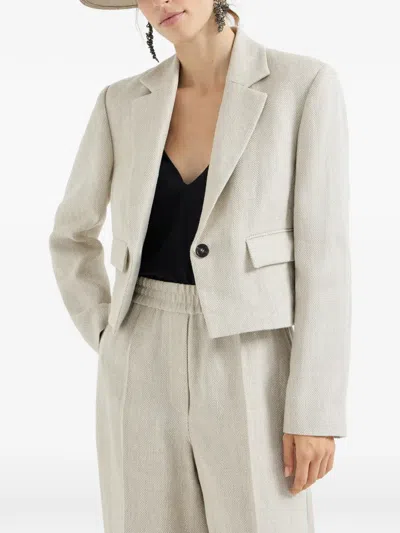 Brunello Cucinelli Chevron-pattern Cropped Blazer In Neutral