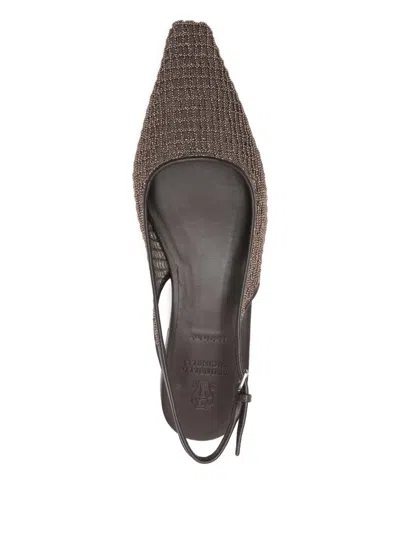 Brunello Cucinelli Embellished Pointed Flat Pumps In Brown