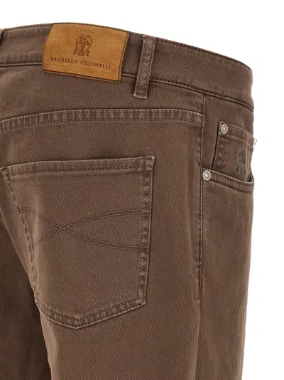 Brunello Cucinelli Garment Dyed Jeans Belt Loops Rolled Cuffs In Brown