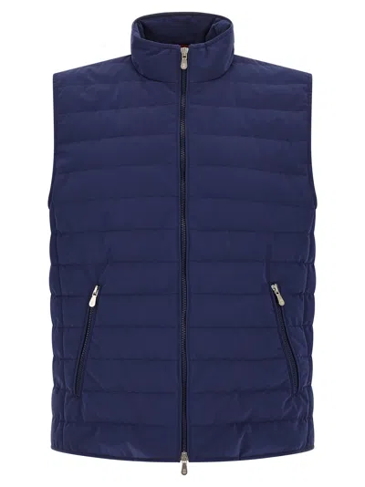 Brunello Cucinelli High Neck Quilted Sleeveless Down Vest In Blue